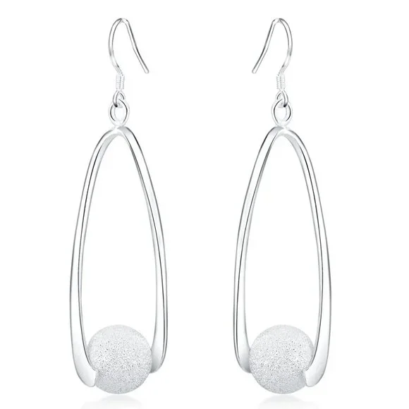 Beautiful Frosted Bead Hanging Earrings .925 Sterling Silver "  Hypoallergenic " - Picture 5 of 6